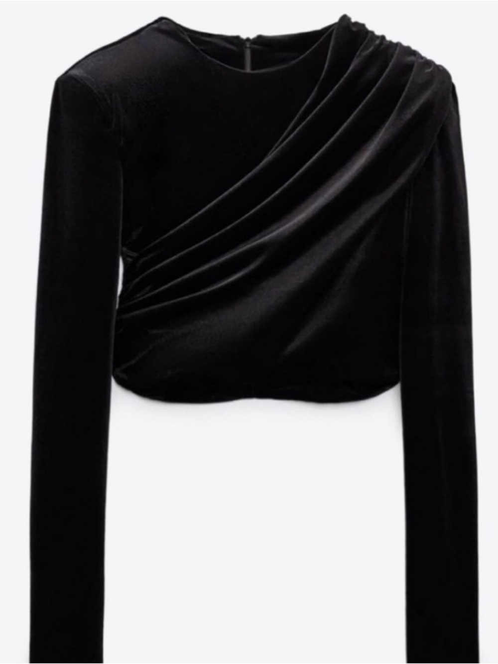 Zara Black Velvet Draped Long-Sleeve Crop Top